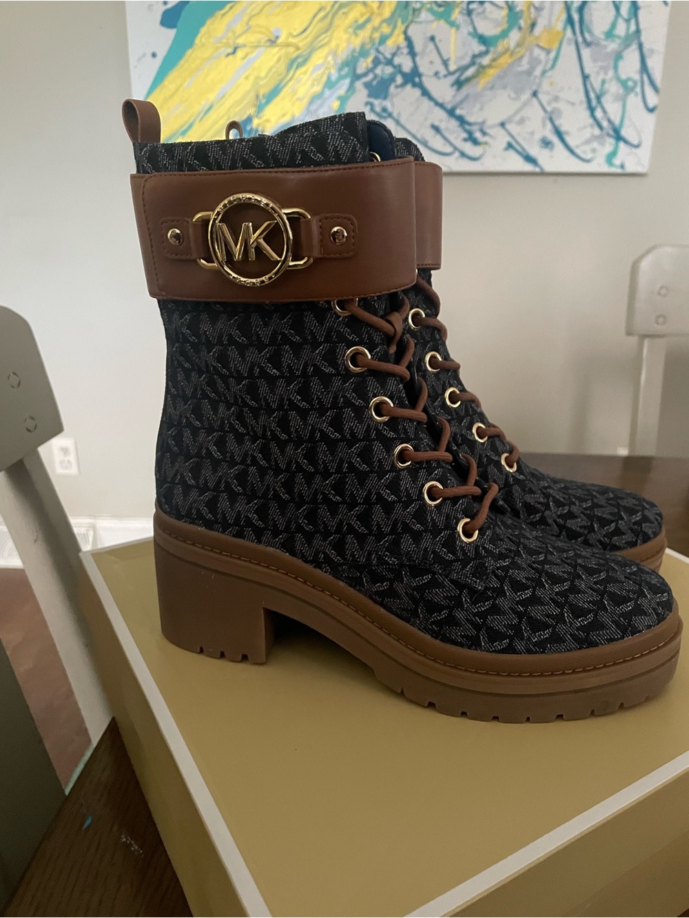 Michael Kors Brown and Blue MK Logo Lace-Up Combat Boots - Picture 2 of 5